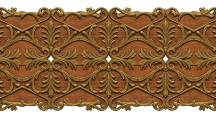 Elegant Ornamentation: A close-up view unveils an ornate, repeating pattern of intricate floral and scrollwork designs, rendered in rich gold tones set against a muted brown backdrop.