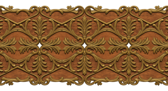Elegant Ornamentation: A close-up view unveils an ornate, repeating pattern of intricate floral and scrollwork designs, rendered in rich gold tones set against a muted brown backdrop.