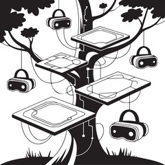 Whimsical illustration of a stylized tree with interconnected platforms and hanging virtual reality headsets symbolizing digital connection and immersive experiences