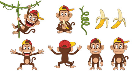 Obraz premium Cartoon monkey character set with various poses, expressions, and elements like bananas and vines.