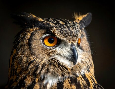 Close-up of an owl with intense orange eyes and intricate feather patterns against a dark backdrop - Powered by Adobe