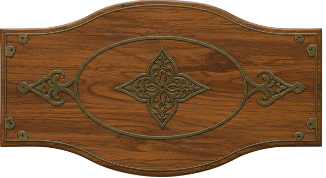Elegant Wood Panel: A beautifully crafted wooden panel with intricate metalwork, showcasing a blend of artistry and craftsmanship, is an ideal for home decoration or design.