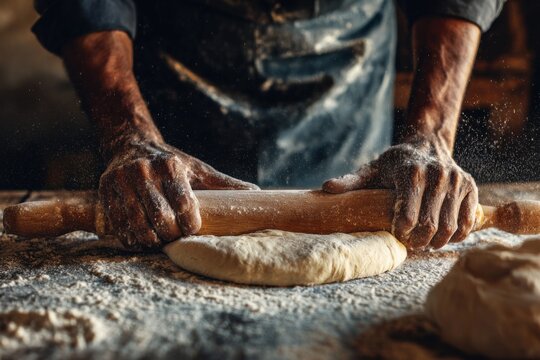 Close-up of bakers shaping dough with rolling pin in a cozy bakery with flour scattered on the workspace during a busy baking day