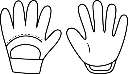 Sports glove cad drawing flat vector illustration, palm and back view, wrist strap, padded grip, technical fashion sketch, gear design