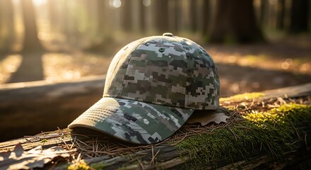 Camouflage cap resting on mossy log in sunlit forest.