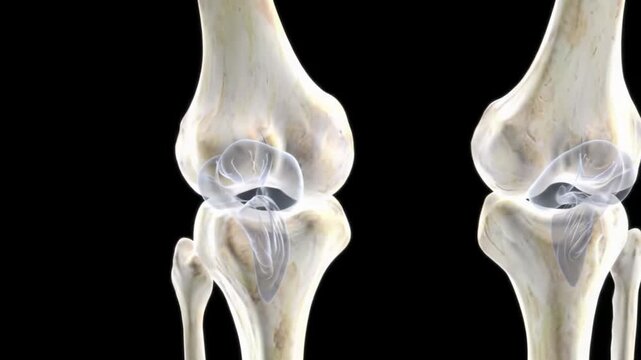 Highly detailed 3D medical animation of human knee joint, showing femur, tibia, patella, ACL, PCL flexing and extending, orbiting on black, precise medical education concept