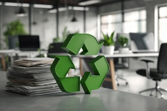 Green recycle symbol on a desk in a modern office environment promoting eco-friendly practices and sustainability, highlighting recycling efforts in a professional setting with natural light - Powered by Adobe