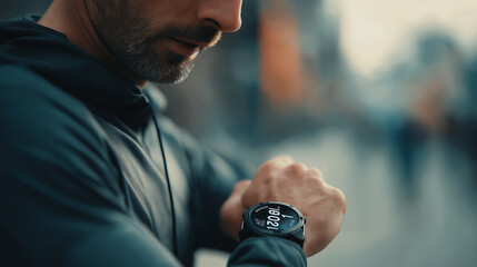Close-up of man checking smartwatch stats after workout, urban background.