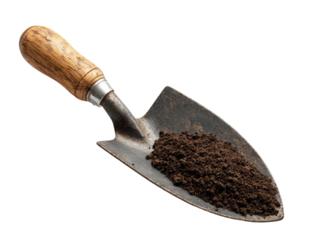 Rusty trowel filled with dark soil. Wooden handle