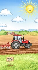 Farm Tractor Plowing Field Sunny Day.