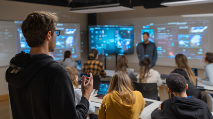 Teacher and students learning with AI holographic screens and tablets.
