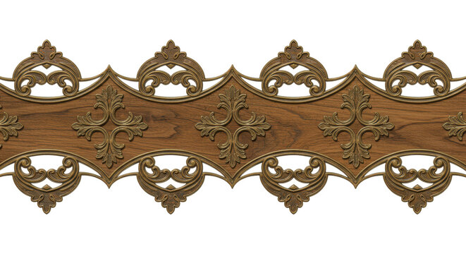 Ornate Wood Trim: Exquisite craftsmanship is evident in a detailed strip of decorative wood trim, showcasing intricate patterns and textures with a touch of elegance. - Powered by Adobe