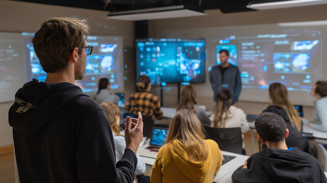 Teacher and students learning with AI holographic screens and tablets.
