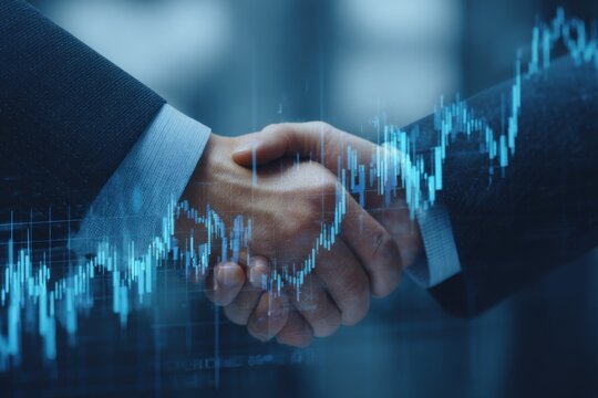 Business partners engage in handshake over financial risk assessment in modern office with data charts in background