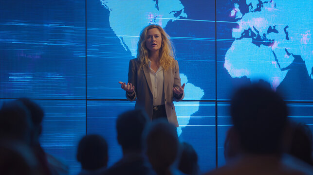 Female CEO presenting data on LED screen in front of international audience.