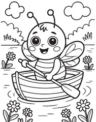 Adorable cartoon bee cheerfully rows the little boat amidst flowers, clouds and transparent background,  kids, coloring page, book, printable, easy, coloring, pages