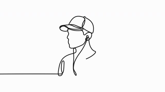 Continuous line drawing, minimalist man, baseball cap, simple illustration, black line art