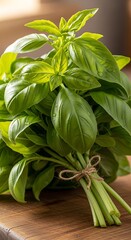 Fresh Basil Bunch on Wooden Board.