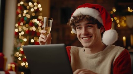 Online Christmas Celebration Video - Happy Person in Santa Hat with Laptop and Champagne for Virtual Holiday Gatherings and Social Media Content - Powered by Adobe