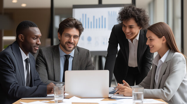 Multiethnic professionals having team discussion with laptop and data chart screen.