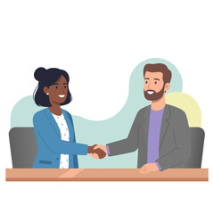 Diverse Business People Shaking Hands Over Desk With Decorative Arch Background Symbolizing Partnership And Agreement