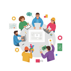 Diverse business team collaborates around a table in a flat cartoon illustration celebrating unity and successful teamwork with bright colors and clear communication elements