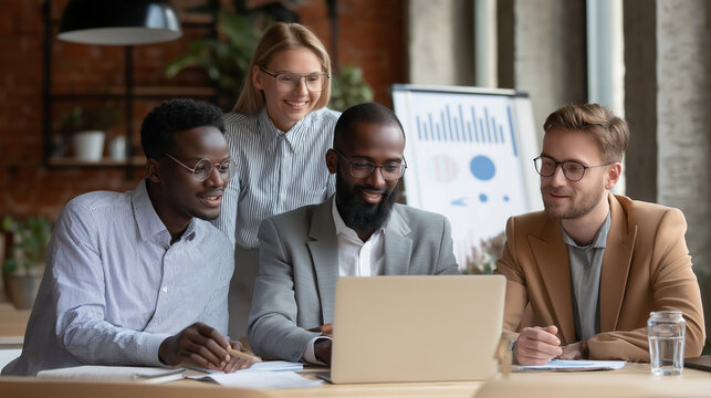 Multiethnic professionals having team discussion with laptop and data chart screen.