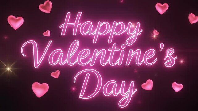 Neon pink script text reads Happy Valentine's Day surrounded by floating hearts isolated on a dark background for promotion.