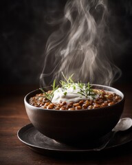 Hot lentil soup with garnish