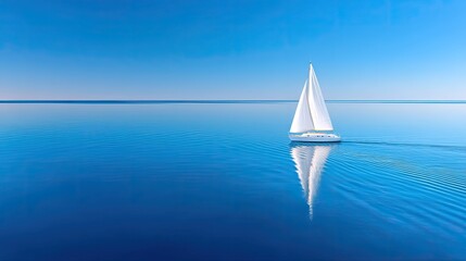 Obraz premium Serene White Sailboat Gliding Across Calm Blue Ocean Under Clear Sky with Ripples and Reflection