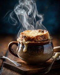 Hot French onion soup with cheese
