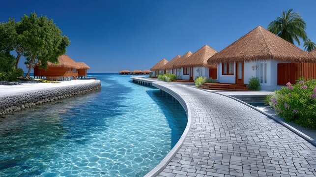 Serene Tropical Resort With Thatched Roof Bungalows Along A Winding Boardwalk Over Crystal Clear Blue Lagoon Under Bright Sunny Sky