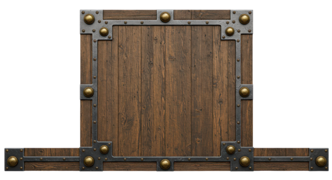 Wooden Board with Metal Frame: The board is crafted from dark wooden planks and framed with ornate metal. The rustic charm and sturdy construction evoke a sense of tradition and timeless design.