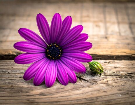 Close-up of a vibrant purple daisy flower with a bud on a weathered wooden surface