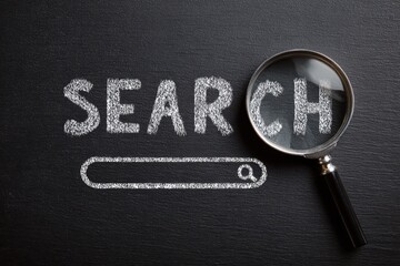 Sketch of a search engine concept on a chalkboard with a magnifying glass symbolizing research and discovery in a classroom setting