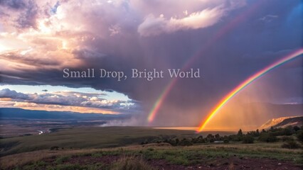 A rainbow appearing over a landscape with dramatic clouds and rain