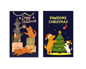 Festive Christmas Pet Illustrations with Dogs and Cats Decorating Tree and Playing with Gifts  card in Holiday Setting
