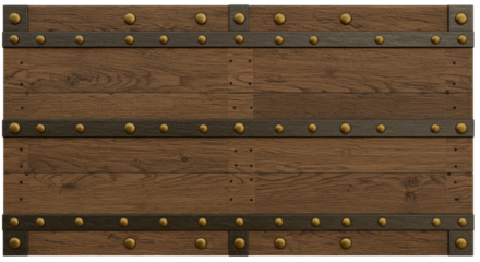 Antique Wooden Panel: A close-up shot revealing an antique wooden panel adorned with metal banding and decorative studs, exuding a sense of history and craftsmanship.