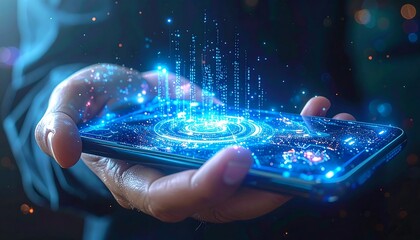 Futuristic Technology - Hand Holding Smartphone with Holographic Interface.