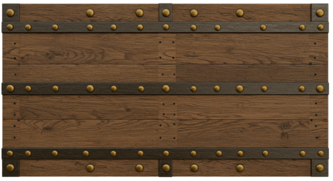 Antique Wooden Panel: A close-up shot revealing an antique wooden panel adorned with metal banding and decorative studs, exuding a sense of history and craftsmanship.