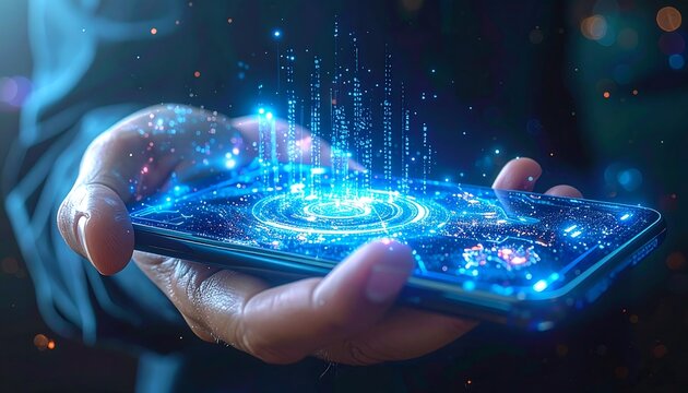 Futuristic Technology - Hand Holding Smartphone with Holographic Interface.
