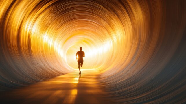 Person running through glowing tunnel of light towards bright future
