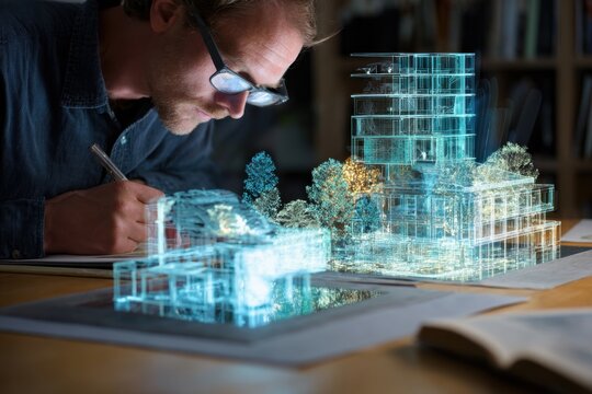 Architect creates detailed digital models of modern buildings using advanced technology and visualization techniques during a focused design session at a studio