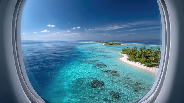 Fototapeta View Of Tropical Island And Turquoise Ocean Seen Through Airplane Window With Palm Trees And White Sand Beach Under Sunny Blue Sky