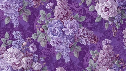 A close up view of a vintage floral pattern featuring abundant roses and lilacs in shades of purple and lavender