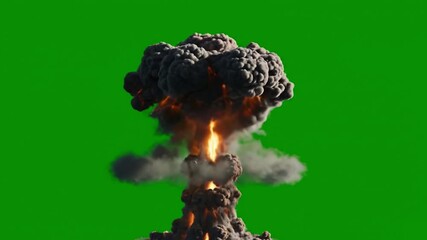 A nuclear explosion with fire and smoke against a bright green screen background visual effect - Powered by Adobe