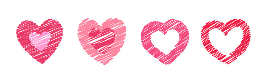 Set of hand drawn doodle style heart shape flat vector illustration.
Heart with diagonal Scribble effect. 
For celebrating Valentine's Day, wedding,  mother's day,or birthday.
White background.