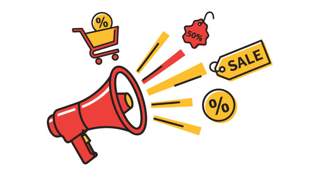 Advertising campaign concept featuring a megaphone, shopping cart, sale tag, and discount symbols