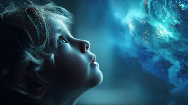 Child gazing at glowing holographic planet in futuristic blue light