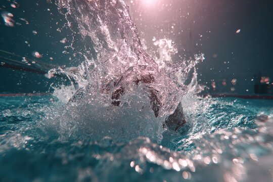 Slowmotion shot of a diver entering a pool with splashes of water creating an artistic scene in an indoor swimming area during the evening